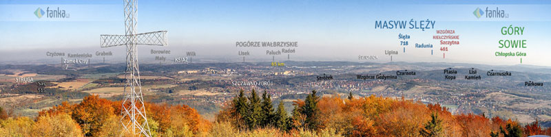Panorama z kamiennej wieży. Chełmiec, Góry Wałbrzyskie
