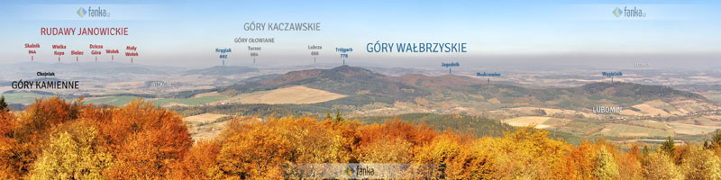Panorama na Trójgarb i Rudawy Janowickie. Chełmiec, Góry Wałbrzyskie